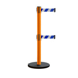 Retractable Belt Barrier Stanchion, Rolling Base, Orange Steel Post, 11 ft Dual Belt - Montour Line MSE630D - Crowd Control Warehouse