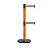 Retractable Belt Barrier Stanchion, Rolling Base, Orange Steel Post, 13 ft Dual Belt - Montour Line MSE630D - Crowd Control Warehouse
