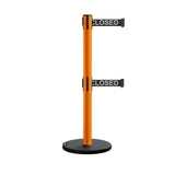 Retractable Belt Barrier Stanchion, Rolling Base, Orange Steel Post, 13 ft Dual Belt - Montour Line MSE630D - Crowd Control Warehouse