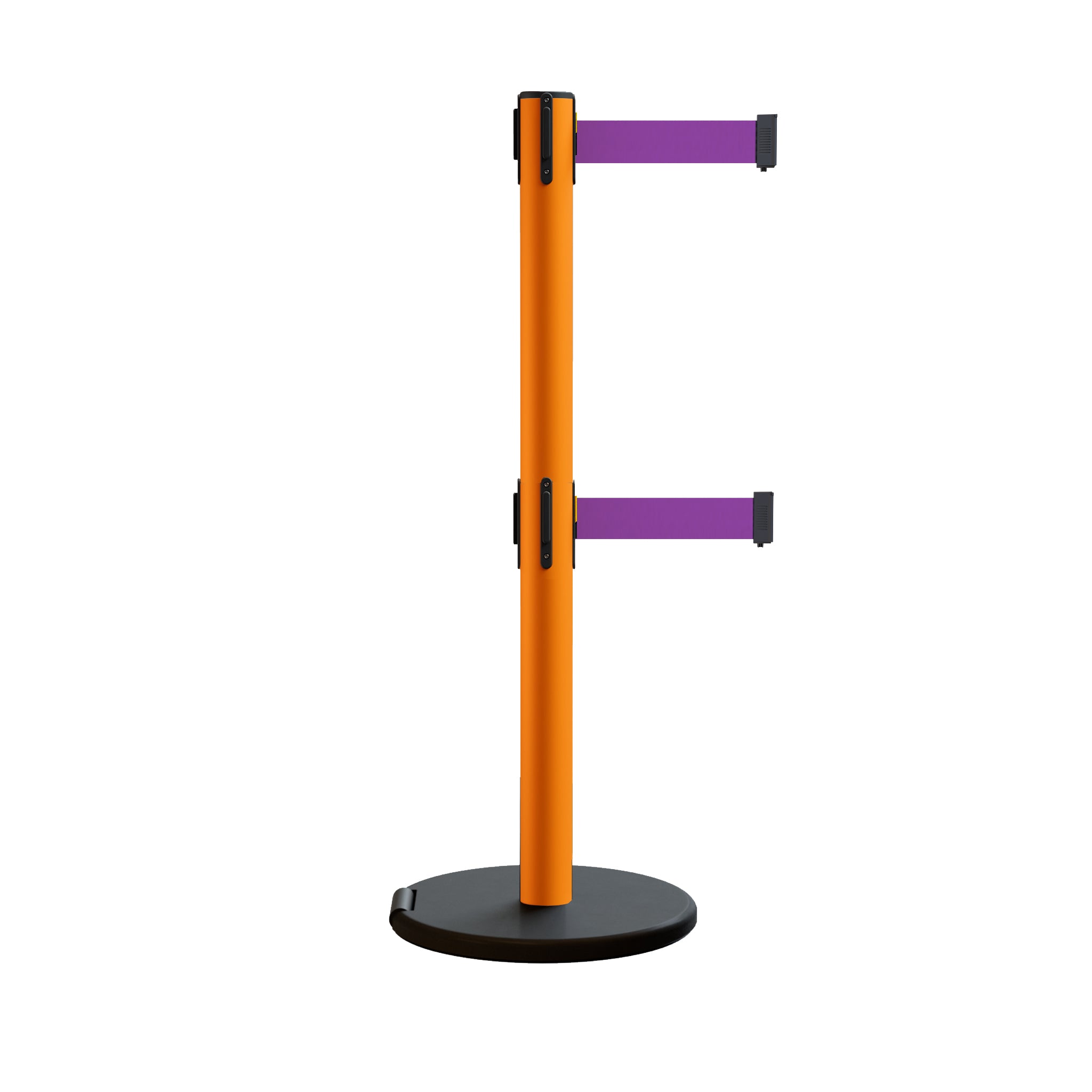 Retractable Belt Barrier Stanchion, Rolling Base, Orange Steel Post, 13 ft Dual Belt - Montour Line MSE630D - Crowd Control Warehouse