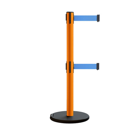 Retractable Belt Barrier Stanchion, Rolling Base, Orange Steel Post, 13 ft Dual Belt - Montour Line MSE630D - Crowd Control Warehouse