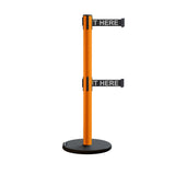 Retractable Belt Barrier Stanchion, Rolling Base, Orange Steel Post, 13 ft Dual Belt - Montour Line MSE630D - Crowd Control Warehouse