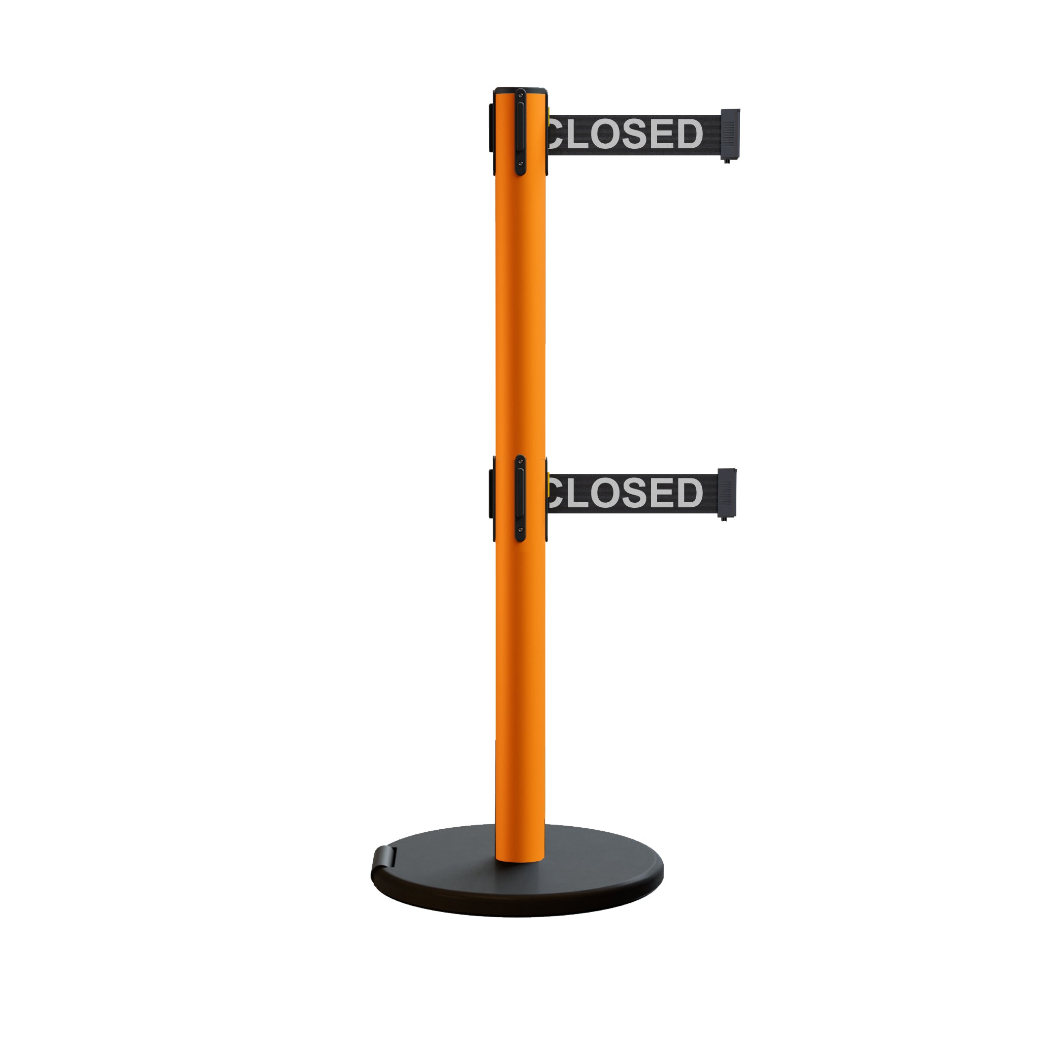 Retractable Belt Barrier Stanchion, Rolling Base, Orange Steel Post, 9 ft Dual Belt - Montour Line MSE630D - Crowd Control Warehouse