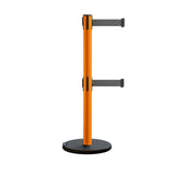 Retractable Belt Barrier Stanchion, Rolling Base, Orange Steel Post, 9 ft Dual Belt - Montour Line MSE630D - Crowd Control Warehouse
