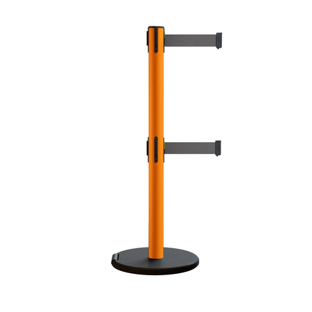 Retractable Belt Barrier Stanchion, Rolling Base, Orange Steel Post, 9 ft Dual Belt - Montour Line MSE630D - Crowd Control Warehouse