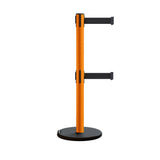 Retractable Belt Barrier Stanchion, Rolling Base, Orange Steel Post, 9 ft Dual Belt - Montour Line MSE630D - Crowd Control Warehouse