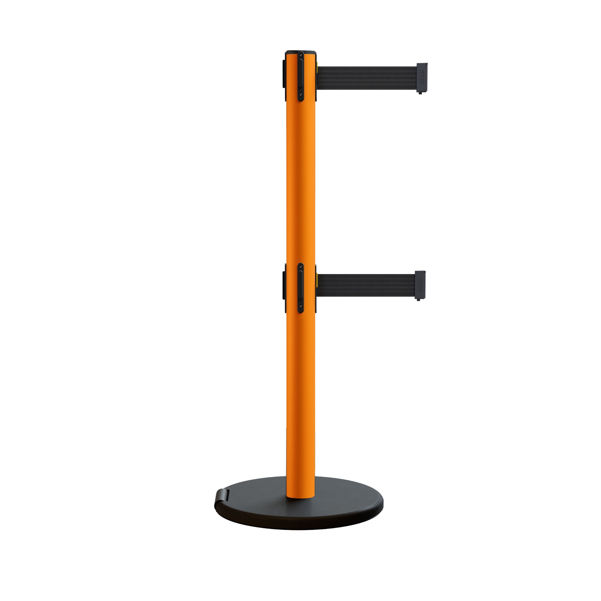 Retractable Belt Barrier Stanchion, Rolling Base, Orange Steel Post, 9 ft Dual Belt - Montour Line MSE630D - Crowd Control Warehouse