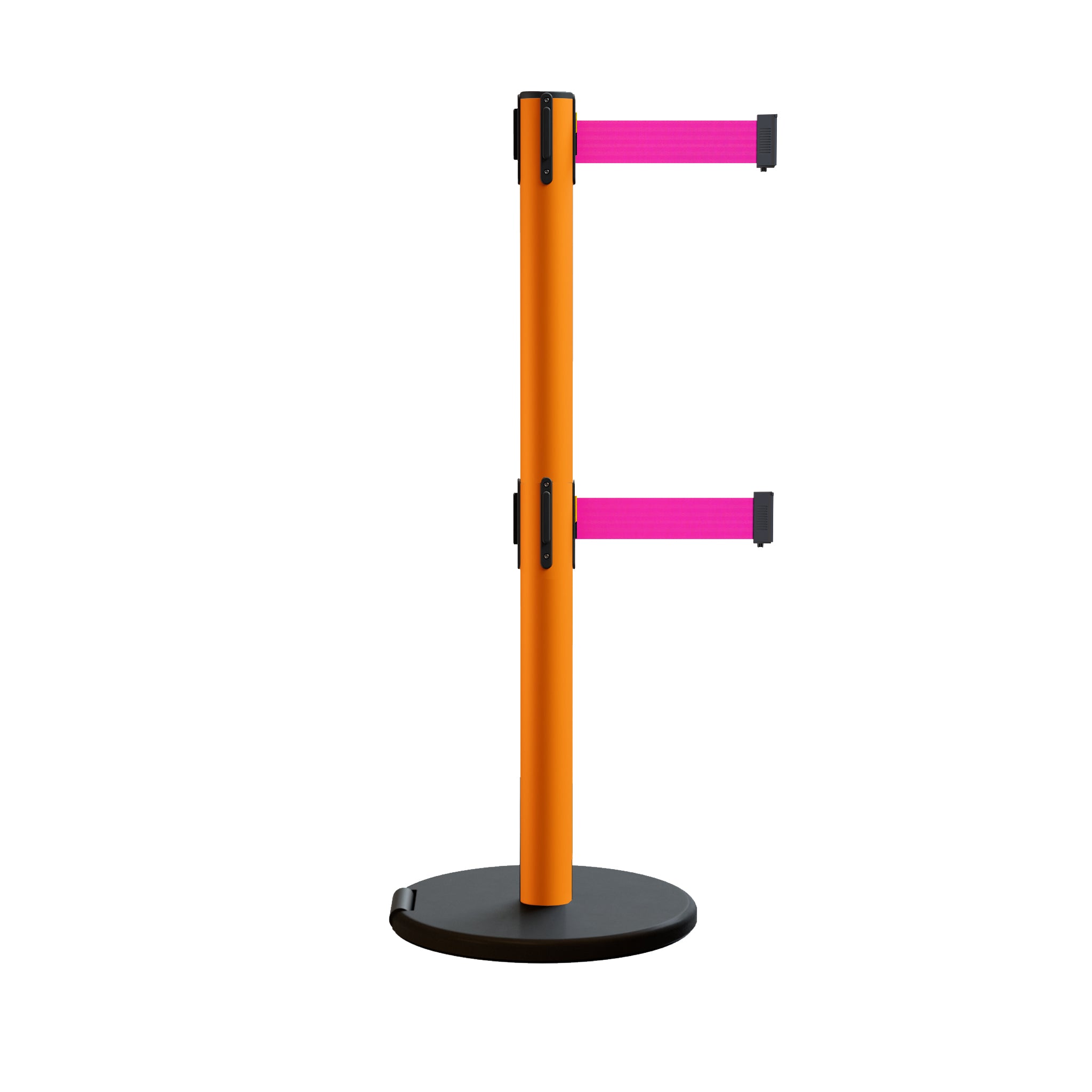 Retractable Belt Barrier Stanchion, Rolling Base, Orange Steel Post, 9 ft Dual Belt - Montour Line MSE630D - Crowd Control Warehouse