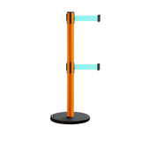 Retractable Belt Barrier Stanchion, Rolling Base, Orange Steel Post, 9 ft Dual Belt - Montour Line MSE630D - Crowd Control Warehouse