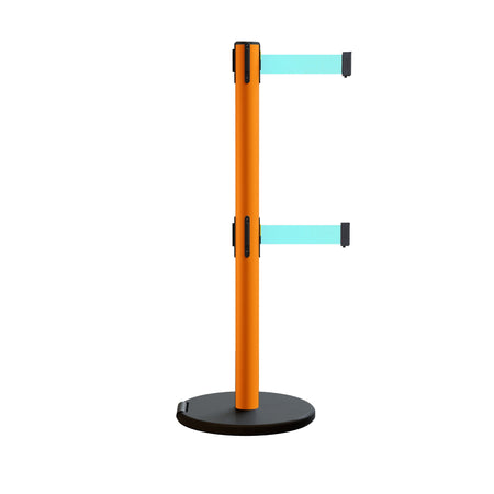 Retractable Belt Barrier Stanchion, Rolling Base, Orange Steel Post, 9 ft Dual Belt - Montour Line MSE630D - Crowd Control Warehouse