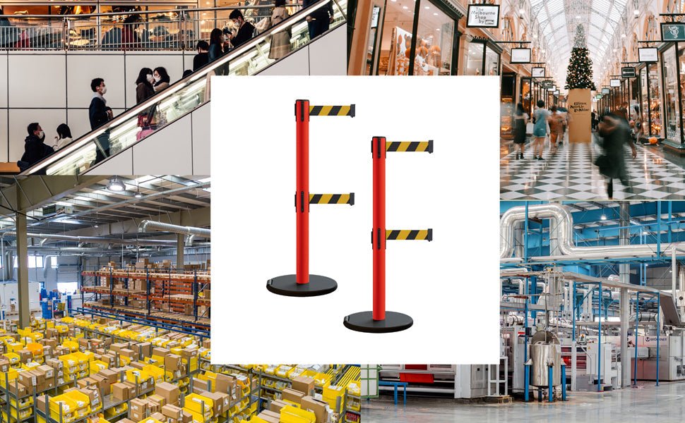 Retractable Belt Barrier Stanchion, Rolling Base, Red Steel Post, 13 ft Dual Belt - Montour Line MSE630D - Crowd Control Warehouse