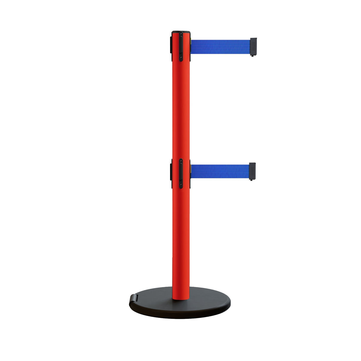Retractable Belt Barrier Stanchion, Rolling Base, Red Steel Post, 13 ft Dual Belt - Montour Line MSE630D - Crowd Control Warehouse