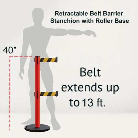 Retractable Belt Barrier Stanchion, Rolling Base, Red Steel Post, 13 ft Dual Belt - Montour Line MSE630D - Crowd Control Warehouse