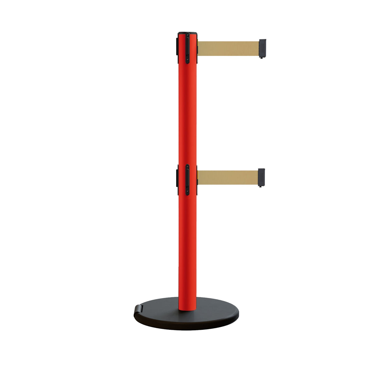 Retractable Belt Barrier Stanchion, Rolling Base, Red Steel Post, 13 ft Dual Belt - Montour Line MSE630D - Crowd Control Warehouse