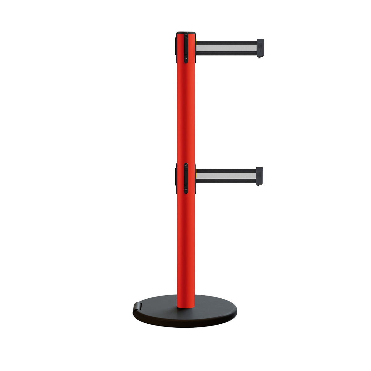 Retractable Belt Barrier Stanchion, Rolling Base, Red Steel Post, 13 ft Dual Belt - Montour Line MSE630D - Crowd Control Warehouse
