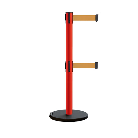 Retractable Belt Barrier Stanchion, Rolling Base, Red Steel Post, 13 ft Dual Belt - Montour Line MSE630D - Crowd Control Warehouse