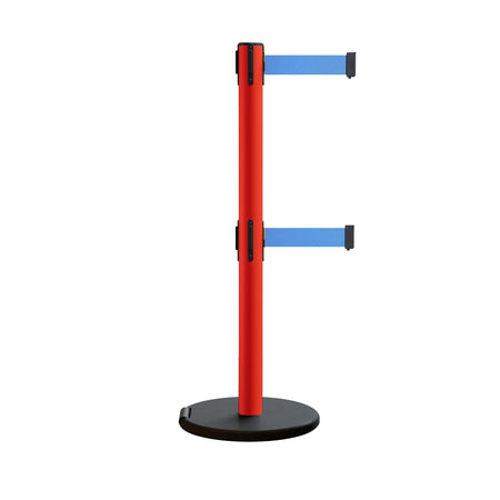 Retractable Belt Barrier Stanchion, Rolling Base, Red Steel Post, 13 ft Dual Belt - Montour Line MSE630D - Crowd Control Warehouse