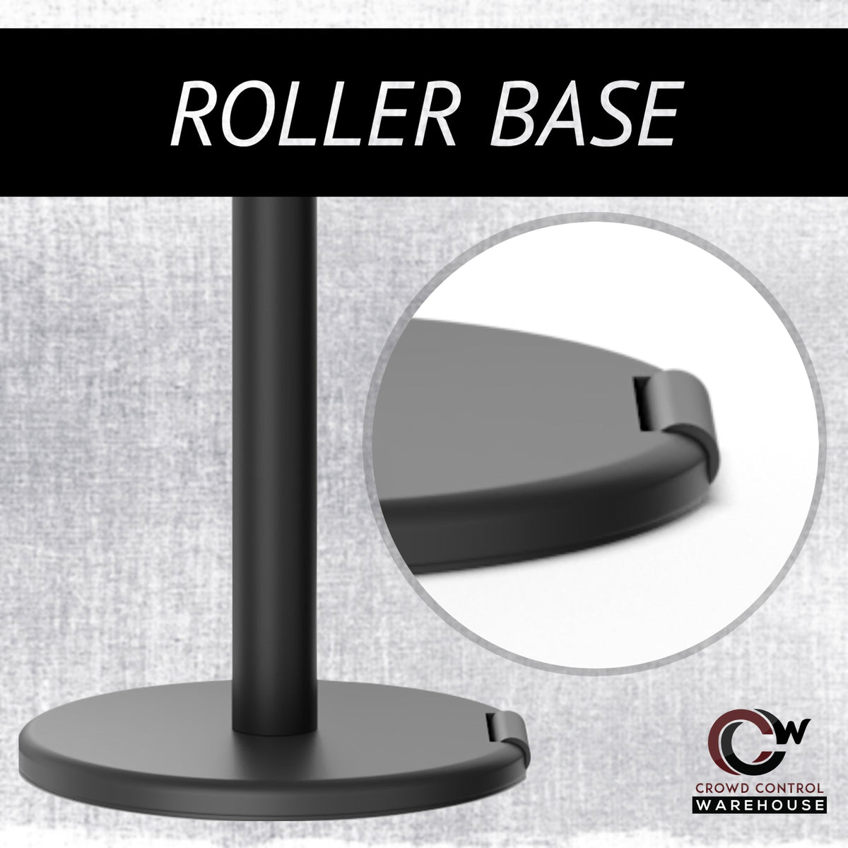 Retractable Belt Barrier Stanchion, Rolling Base, Red Steel Post, 13 ft Dual Belt - Montour Line MSE630D - Crowd Control Warehouse