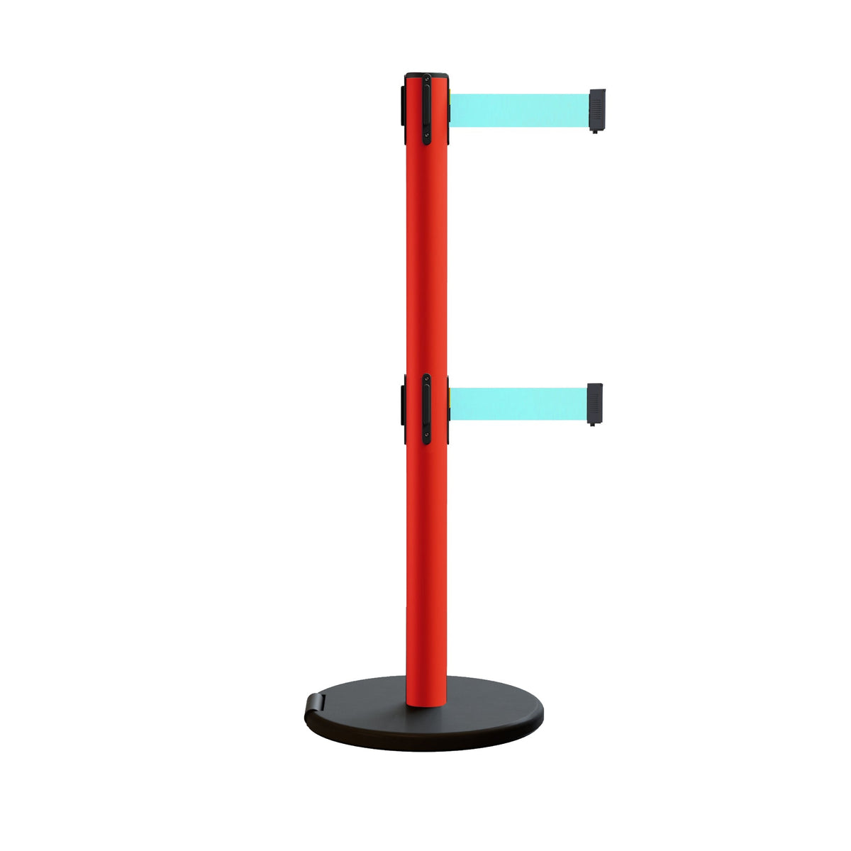 Retractable Belt Barrier Stanchion, Rolling Base, Red Steel Post, 13 ft Dual Belt - Montour Line MSE630D - Crowd Control Warehouse