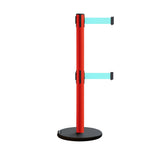 Retractable Belt Barrier Stanchion, Rolling Base, Red Steel Post, 13 ft Dual Belt - Montour Line MSE630D - Crowd Control Warehouse