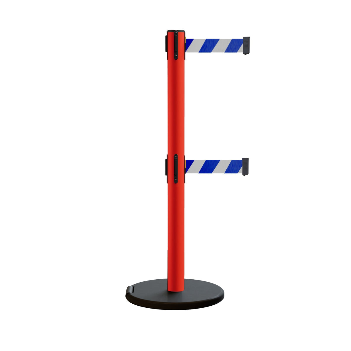 Retractable Belt Barrier Stanchion, Rolling Base, Red Steel Post, 13 ft Dual Belt - Montour Line MSE630D - Crowd Control Warehouse