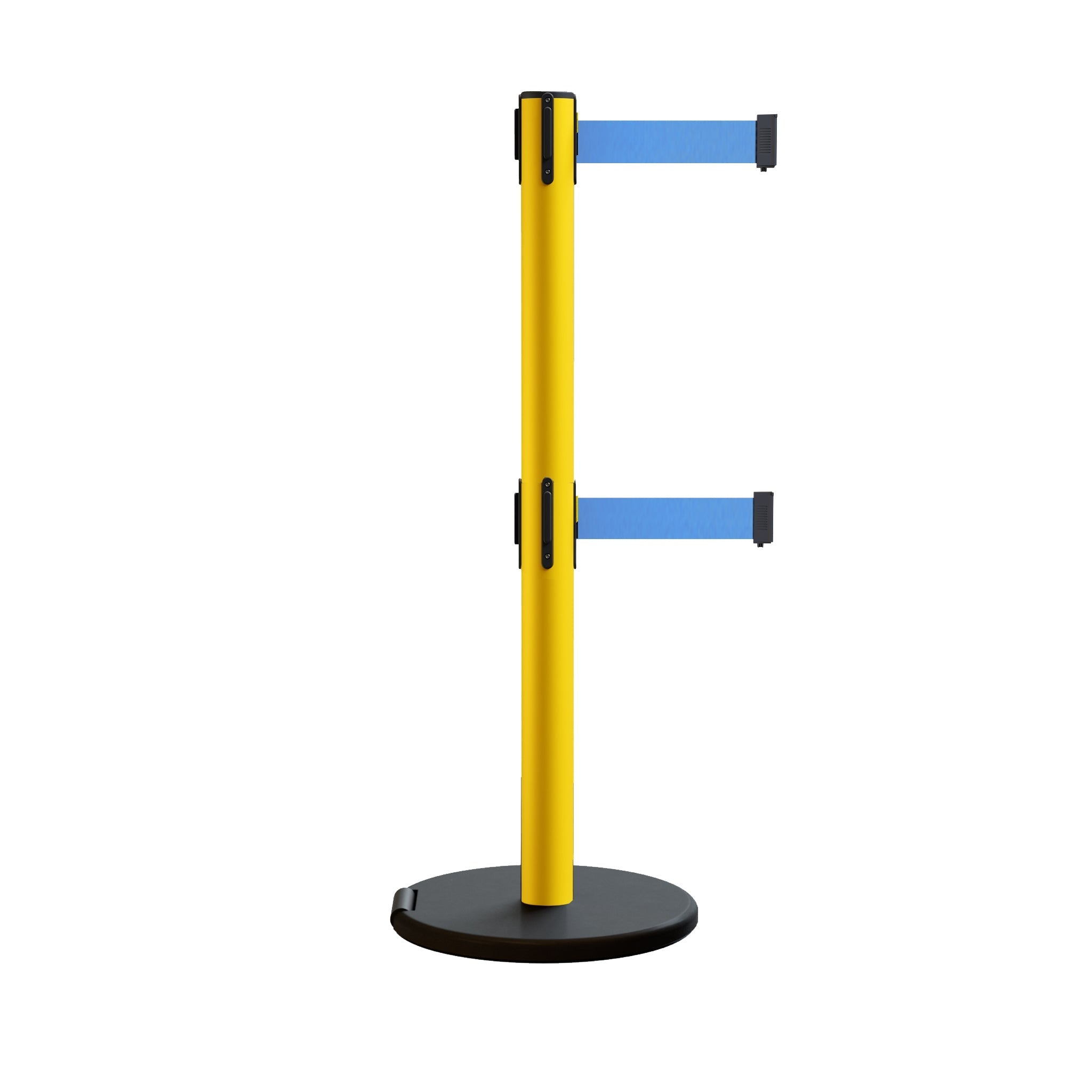 Retractable Belt Barrier Stanchion, Rolling Base, Yellow Steel Post, 11 ft Dual Belt - Montour Line MSE630D - Crowd Control Warehouse