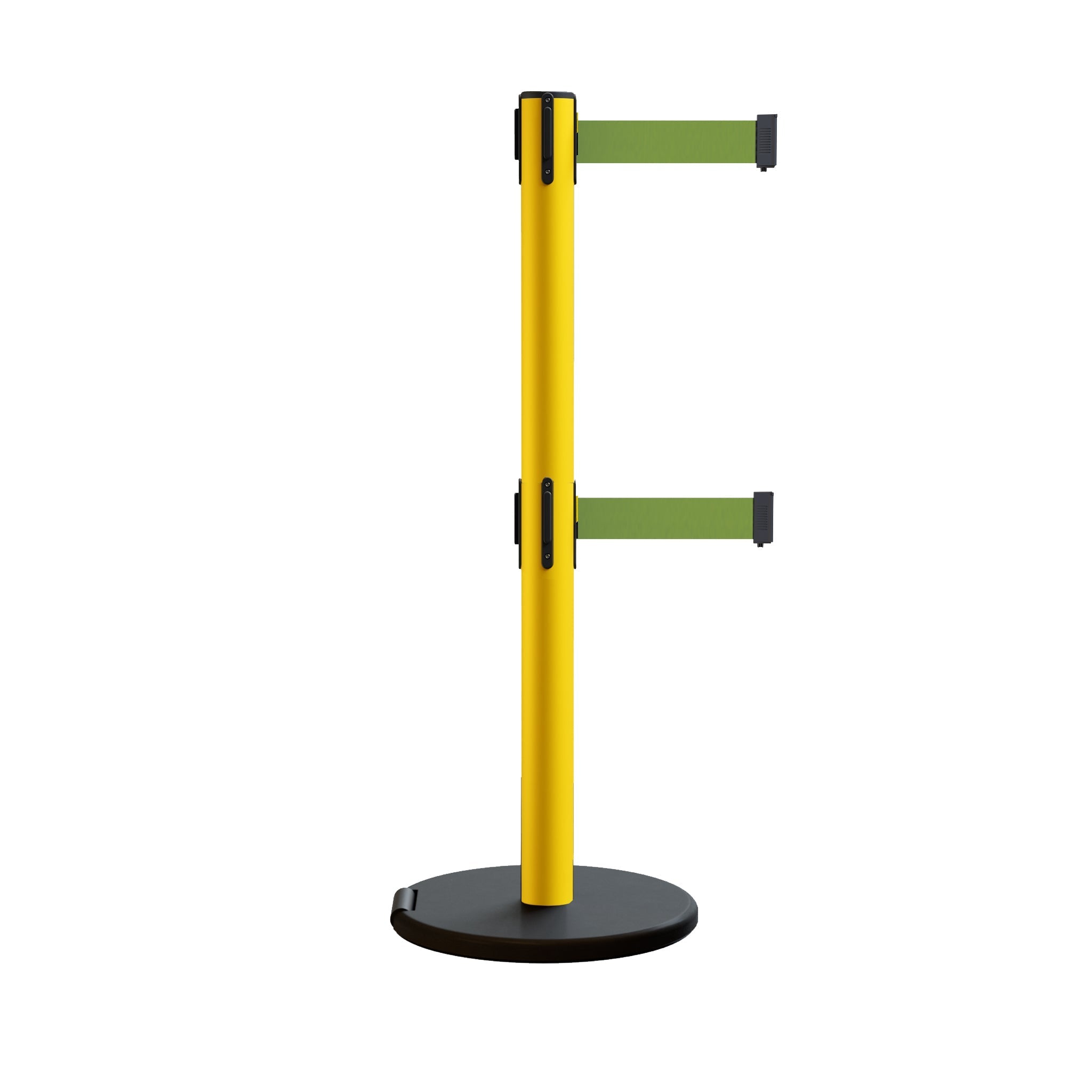 Retractable Belt Barrier Stanchion, Rolling Base, Yellow Steel Post, 13 ft Dual Belt - Montour Line MSE630D - Crowd Control Warehouse