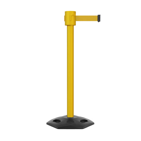 Retractable Belt Barrier Stanchion, Rubber Base, Yellow Post, 35 ft Belt - Montour Line MSR760 - Crowd Control Warehouse