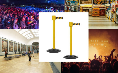 Retractable Belt Barrier Stanchion, Rubber Base, Yellow Post, 35 ft Belt - Montour Line MSR760 - Crowd Control Warehouse