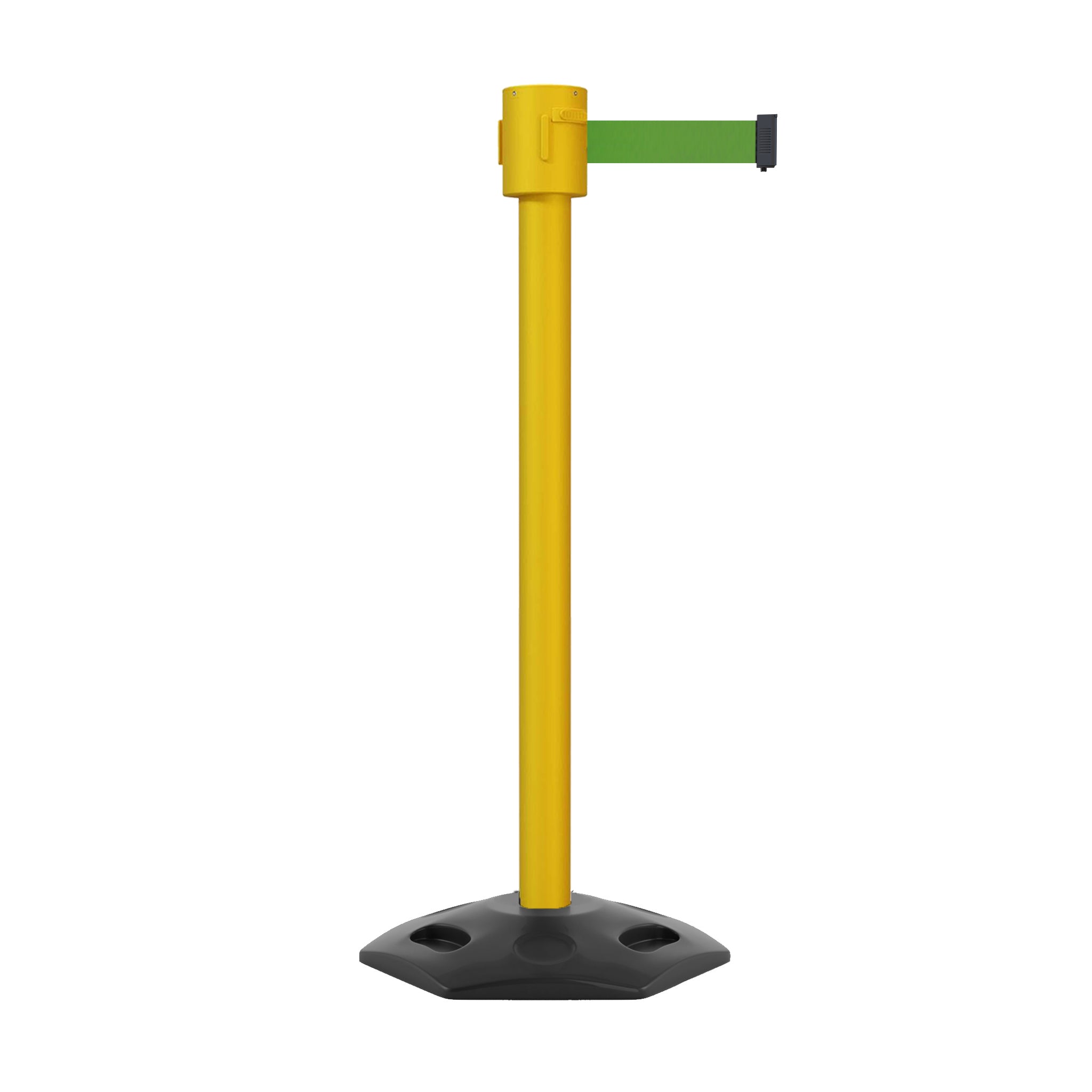 Retractable Belt Barrier Stanchion, Rubber Base, Yellow Post, 35 ft Belt - Montour Line MSR760 - Crowd Control Warehouse