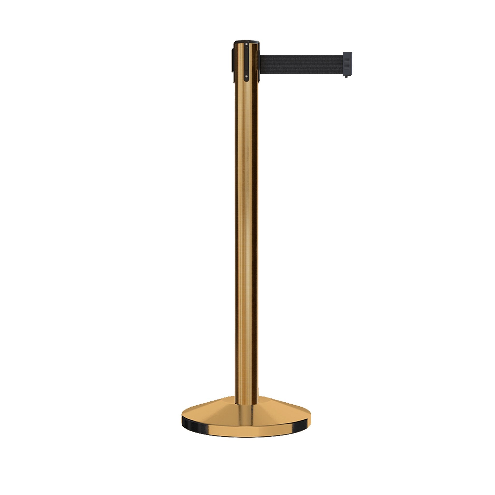 Retractable Belt Barrier Stanchion, Satin Brass Post, 7.5 Ft. Belt - CCW Series RBB - 100 - Crowd Control Warehouse