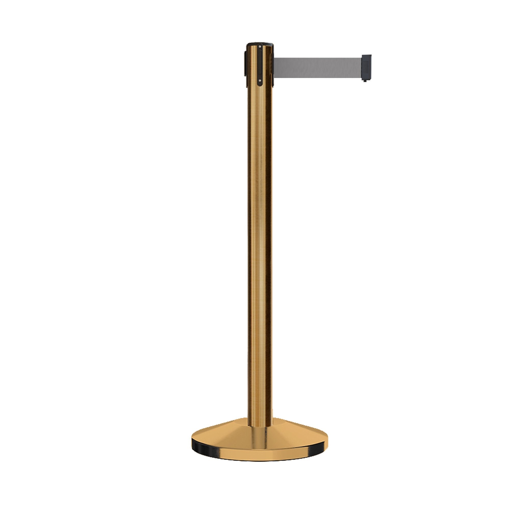 Retractable Belt Barrier Stanchion, Satin Brass Post, 7.5 Ft. Belt - CCW Series RBB - 100 - Crowd Control Warehouse