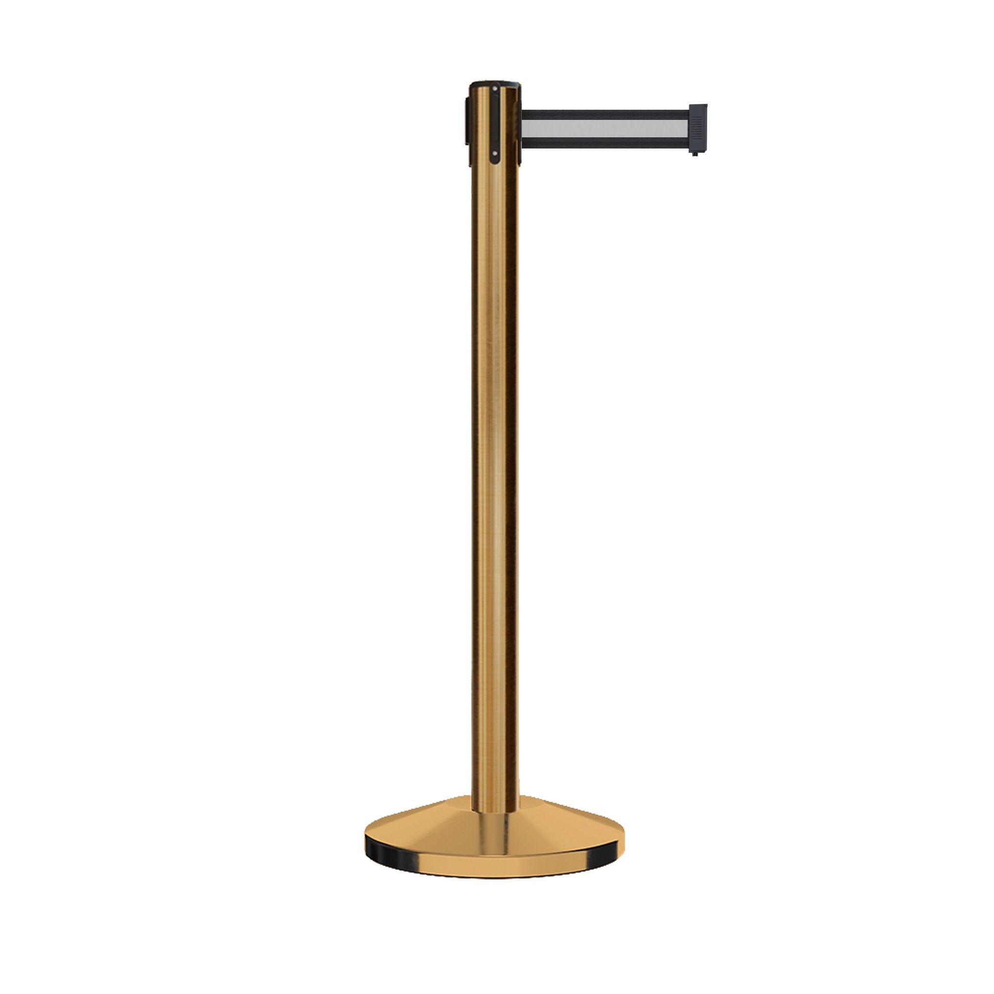 Retractable Belt Barrier Stanchion, Satin Brass Post, 7.5 Ft. Belt - CCW Series RBB - 100 - Crowd Control Warehouse