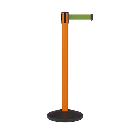 Retractable Belt Barrier Stanchion, Sloped Base, Orange Post, 11 ft Belt - Montour Line MS630 - Crowd Control Warehouse