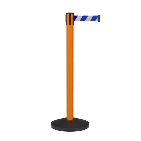 Retractable Belt Barrier Stanchion, Sloped Base, Orange Post, 11 ft Belt - Montour Line MS630 - Crowd Control Warehouse
