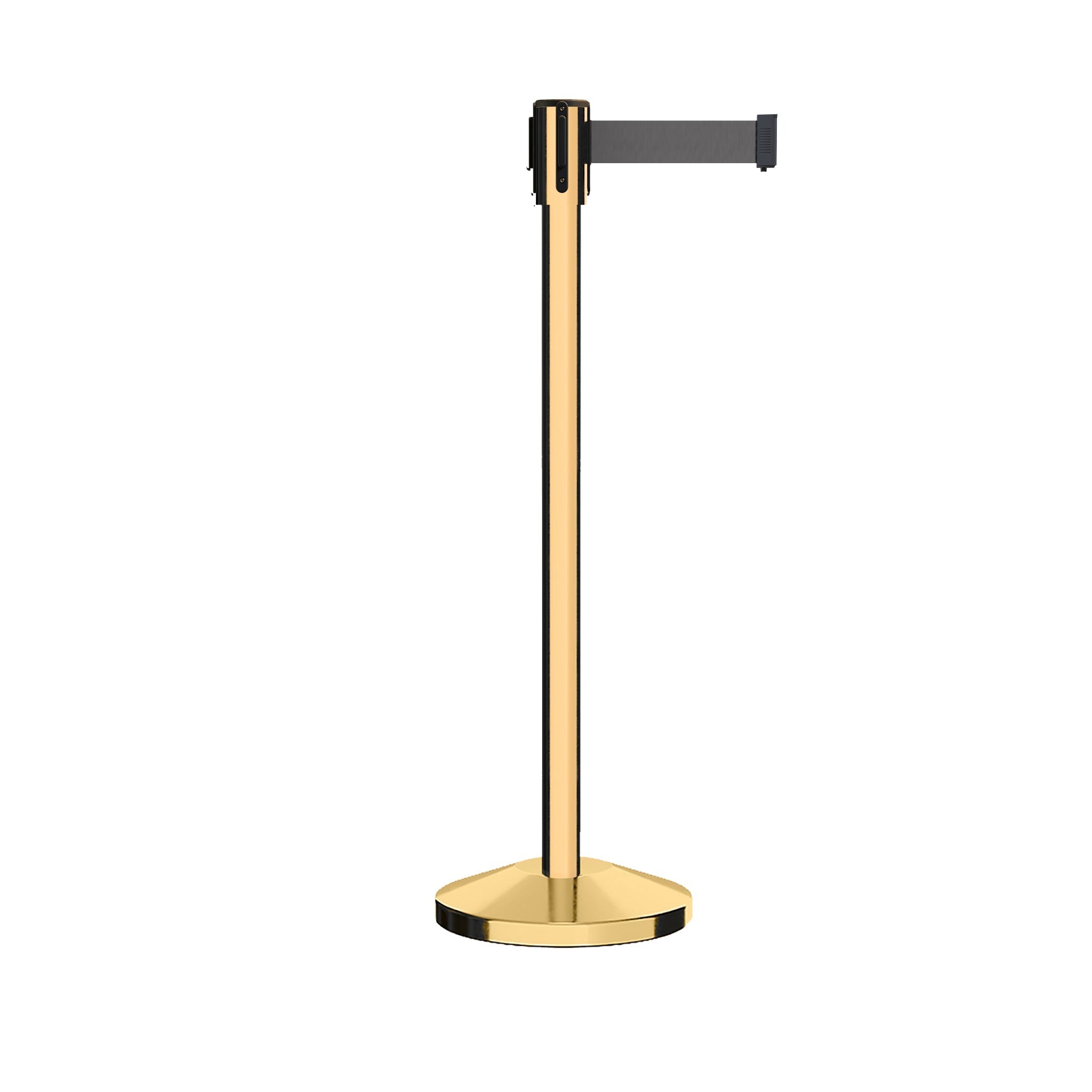 Retractable Belt Barrier Stanchion, Sloped Base, Polished Brass Post, 7.5 ft Belt - Montour Line M530 - Crowd Control Warehouse
