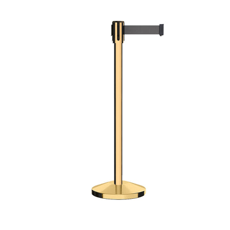 Retractable Belt Barrier Stanchion, Sloped Base, Polished Brass Post, 7.5 ft Belt - Montour Line M530 - Crowd Control Warehouse