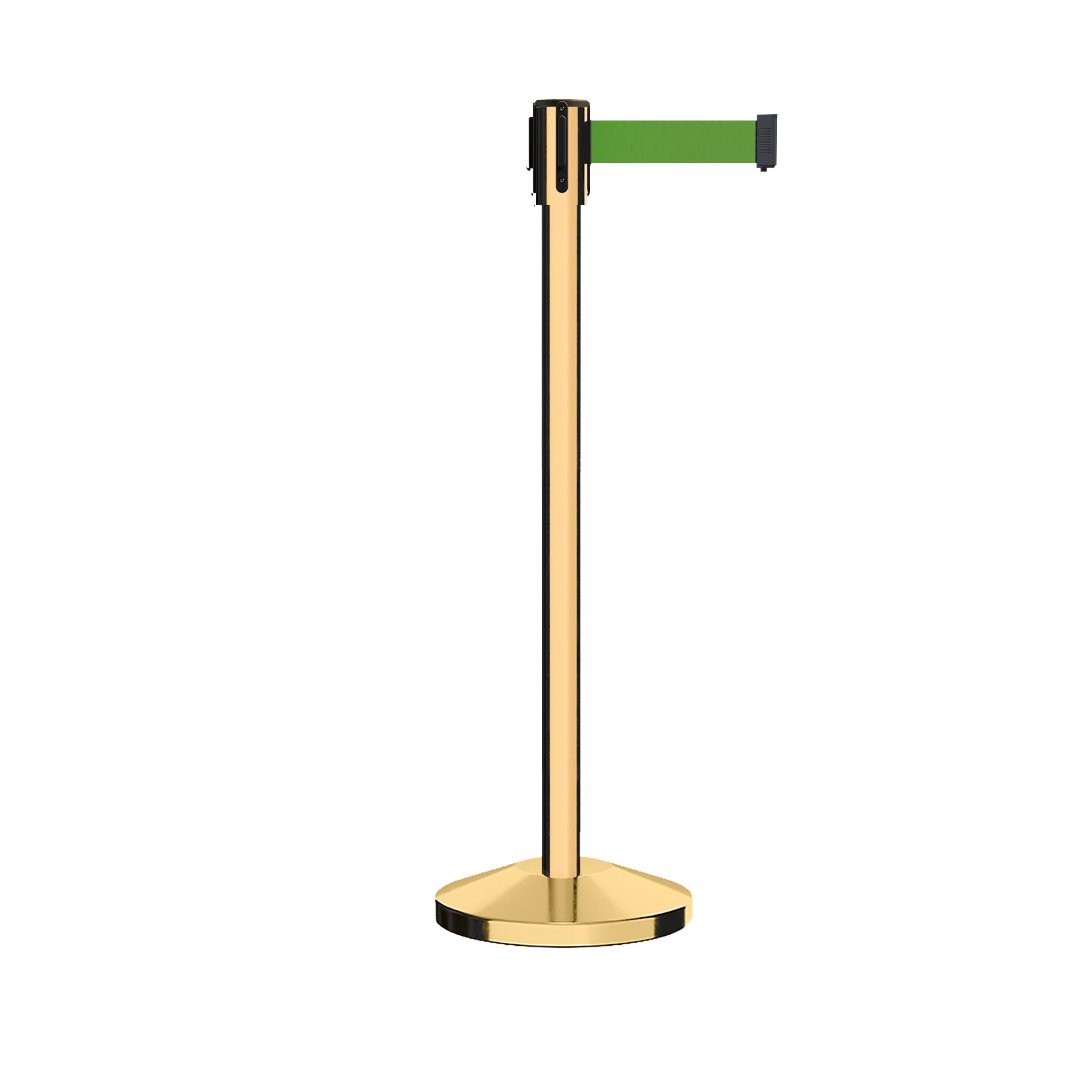 Retractable Belt Barrier Stanchion, Sloped Base, Polished Brass Post, 7.5 ft Belt - Montour Line M530 - Crowd Control Warehouse