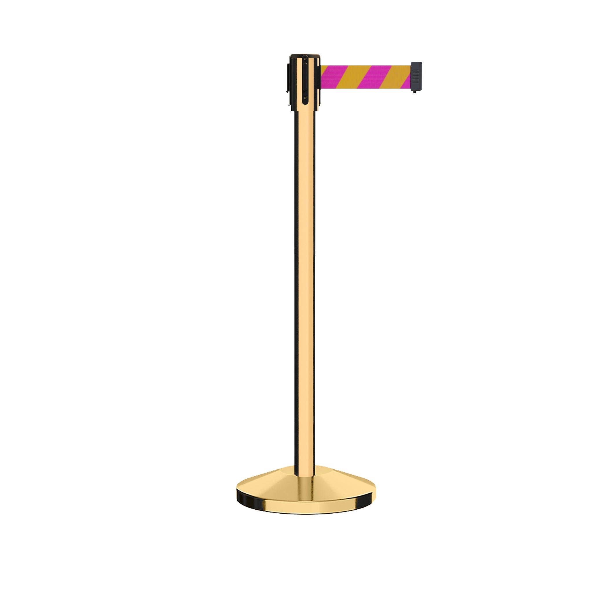 Retractable Belt Barrier Stanchion, Sloped Base, Polished Brass Post, 7.5 ft Belt - Montour Line M530 - Crowd Control Warehouse