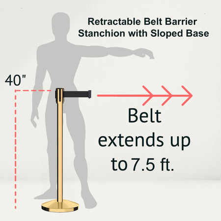 Retractable Belt Barrier Stanchion, Sloped Base, Polished Brass Post, 7.5 ft Belt - Montour Line M530 - Crowd Control Warehouse
