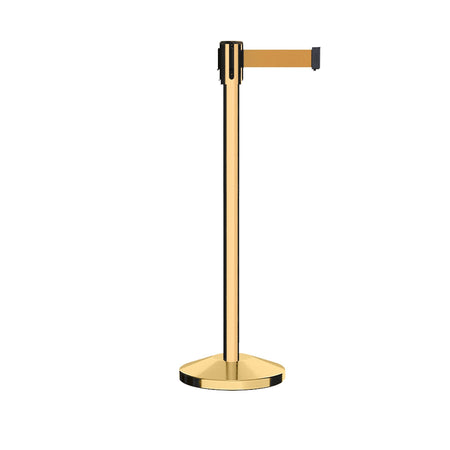 Retractable Belt Barrier Stanchion, Sloped Base, Polished Brass Post, 7.5 ft Belt - Montour Line M530 - Crowd Control Warehouse