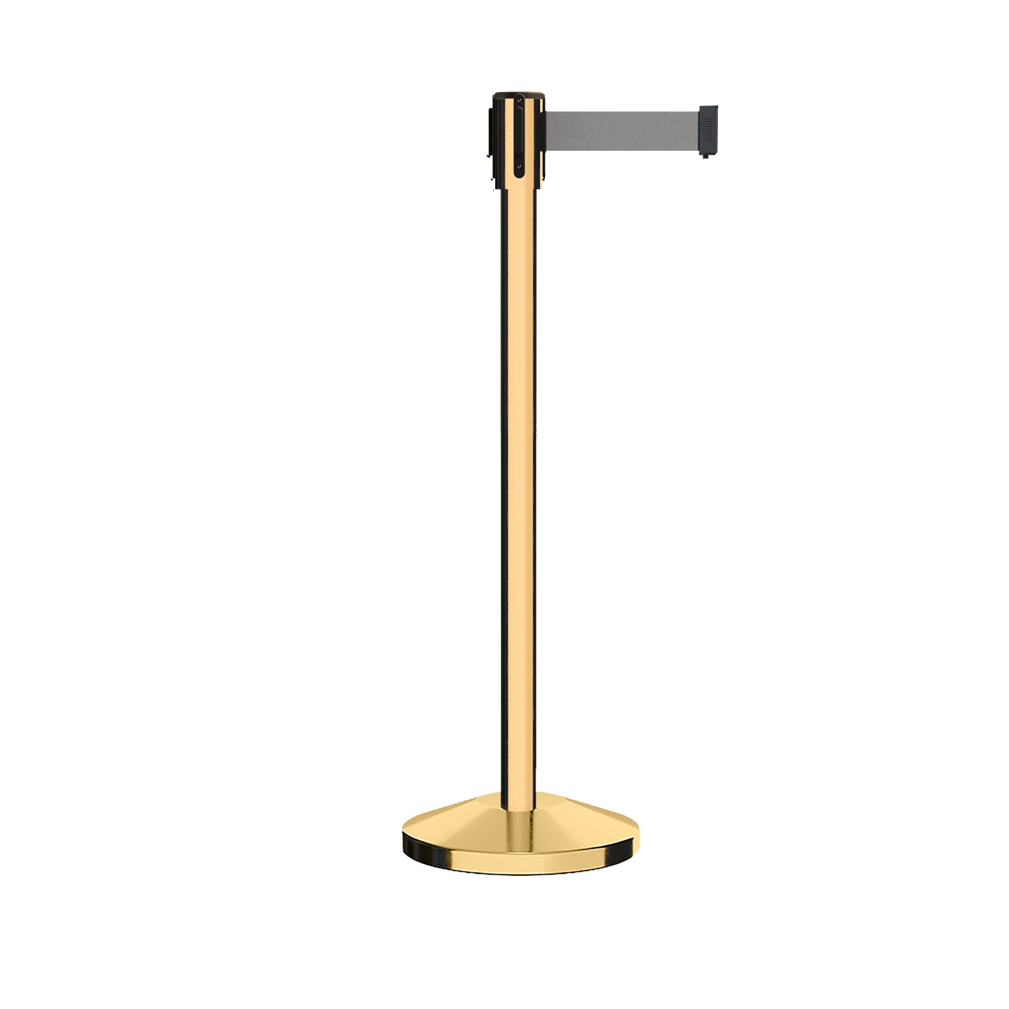Retractable Belt Barrier Stanchion, Sloped Base, Polished Brass Post, 7.5 ft Belt - Montour Line M530 - Crowd Control Warehouse