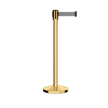 Retractable Belt Barrier Stanchion, Sloped Base, Polished Brass Post, 7.5 ft Belt - Montour Line M530 - Crowd Control Warehouse