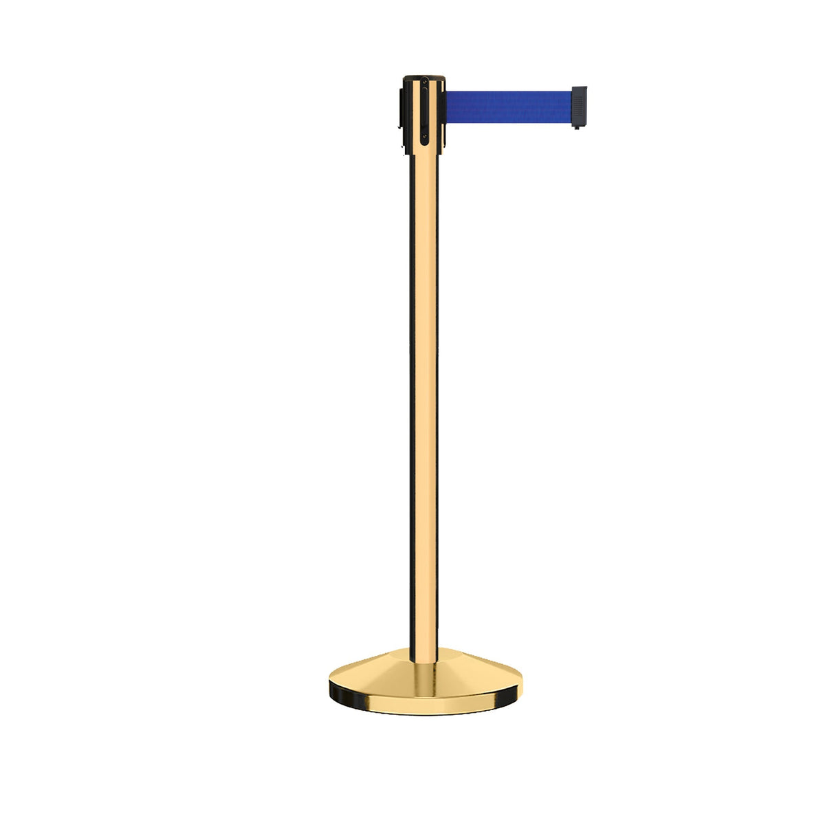 Retractable Belt Barrier Stanchion, Sloped Base, Polished Brass Post, 7.5 ft Belt - Montour Line M530 - Crowd Control Warehouse