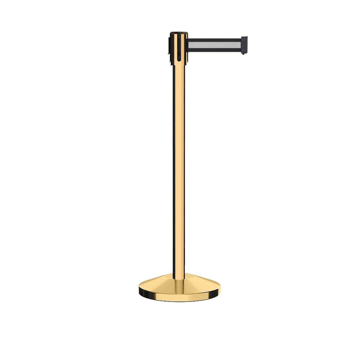 Retractable Belt Barrier Stanchion, Sloped Base, Polished Brass Post, 7.5 ft Belt - Montour Line M530 - Crowd Control Warehouse