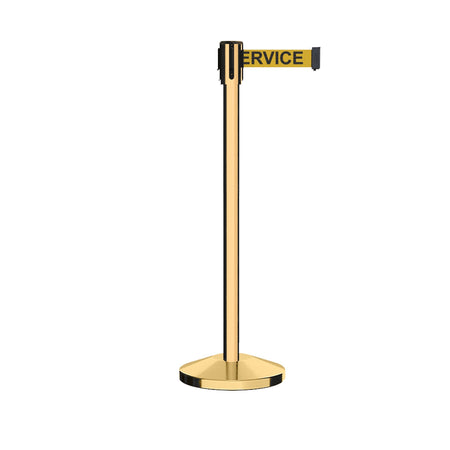 Retractable Belt Barrier Stanchion, Sloped Base, Polished Brass Post, 7.5 ft Belt - Montour Line M530 - Crowd Control Warehouse