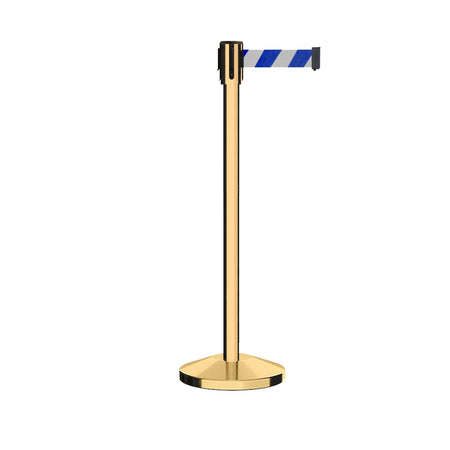 Retractable Belt Barrier Stanchion, Sloped Base, Polished Brass Post, 7.5 ft Belt - Montour Line M530 - Crowd Control Warehouse