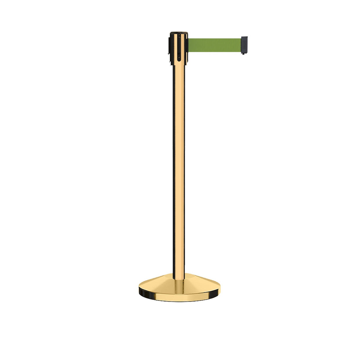 Retractable Belt Barrier Stanchion, Sloped Base, Polished Brass Post, 7.5 ft Belt - Montour Line M530 - Crowd Control Warehouse