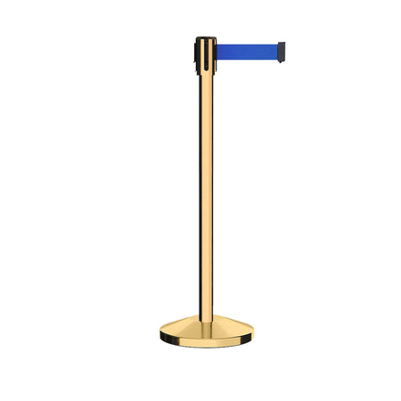 Retractable Belt Barrier Stanchion, Sloped Base, Polished Brass Post, 7.5 ft Belt - Montour Line M530 - Crowd Control Warehouse
