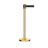 Retractable Belt Barrier Stanchion, Sloped Base, Polished Brass Post, 7.5 ft Belt - Montour Line M530 - Crowd Control Warehouse